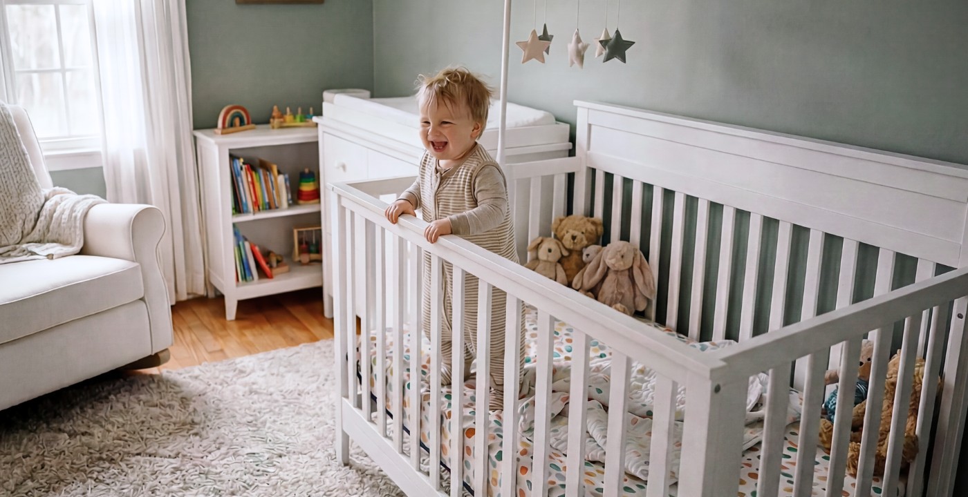 Bébé riant debout dans son lit à barreaux dans une chambre aux couleurs douces