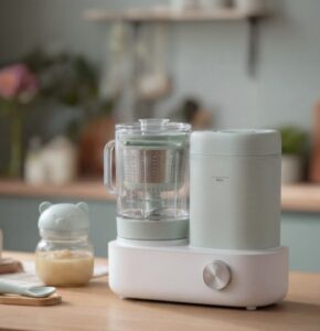Robot cuiseur pour bébé avec pot bébé dans une cuisine douce et lumineuse