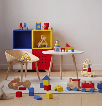 Jouets en bois colorés disposés dans une chambre de bébé avec lit à barreaux