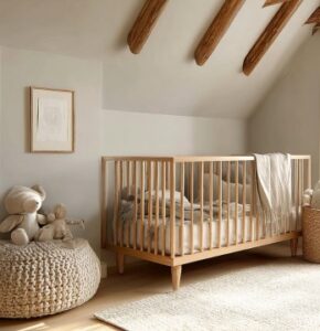 Chambre bébé chaleureuse avec lit en bois et décoration naturelle