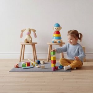 Enfant jouant avec des jouets d'éveil en bois dans une chambre d'enfant