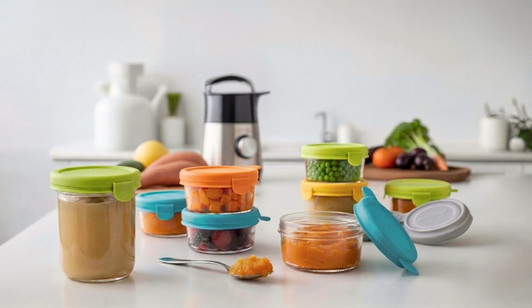Petits pots de conservation pour repas de bébé disposés sur une table de cuisine