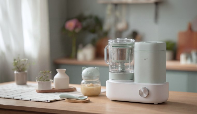 Robot cuiseur pour bébé avec pot bébé dans une cuisine douce et lumineuse