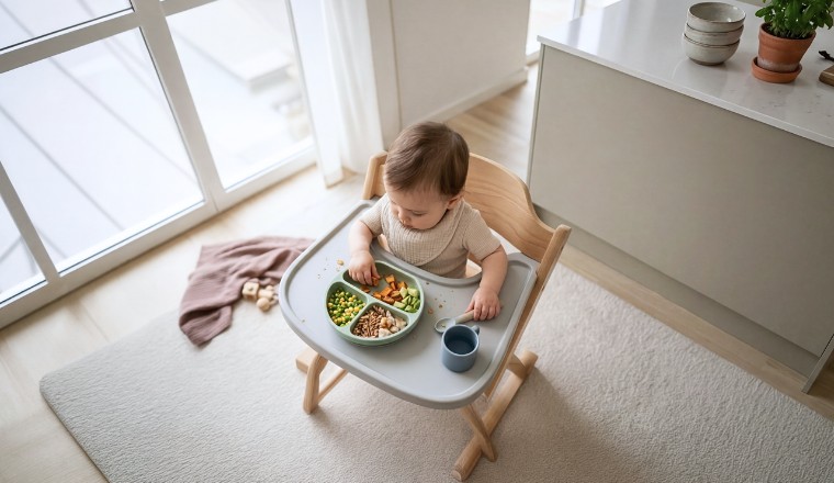 Bébé prenant son repas dans une chaise haute avec assiette compartimentée