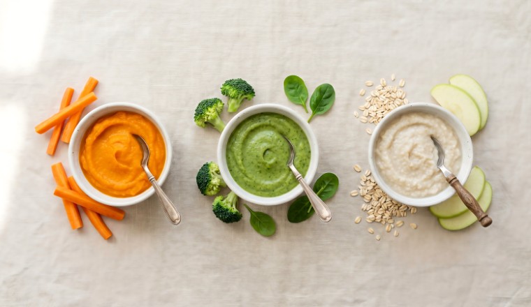 Bols de purées et compote bio pour bébé avec légumes et fruits frais