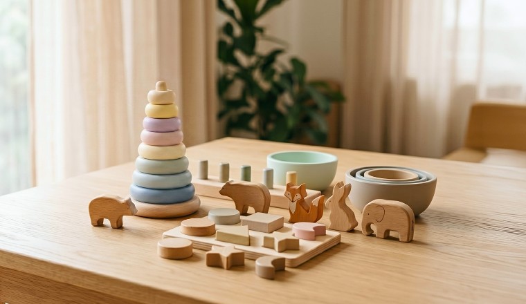 Jeux et jouets en bois pour enfants dans une chambre lumineuse