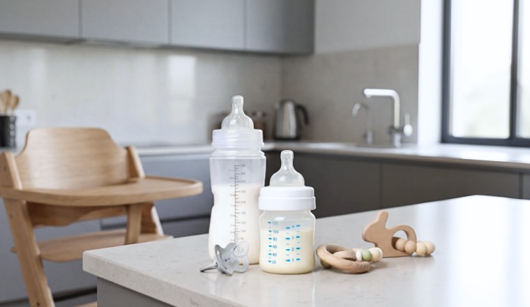 Biberon et tétine pour bébé dans une cuisine au style épuré