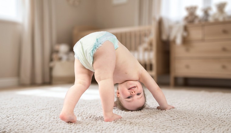 Bébé en couche jouant à quatre pattes sur un tapis moelleux dans une chambre lumineuse