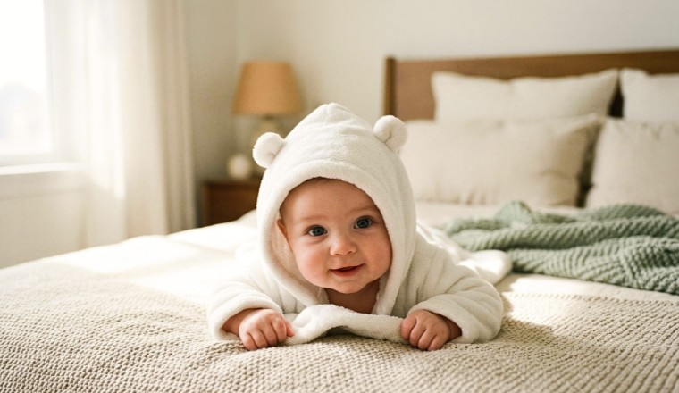 Bébé enveloppé dans une cape de bain douce sur un lit