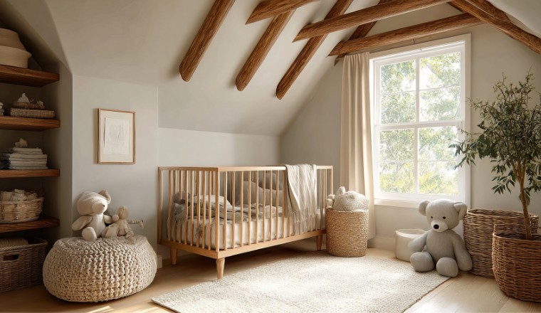 Chambre bébé chaleureuse avec lit en bois et décoration naturelle