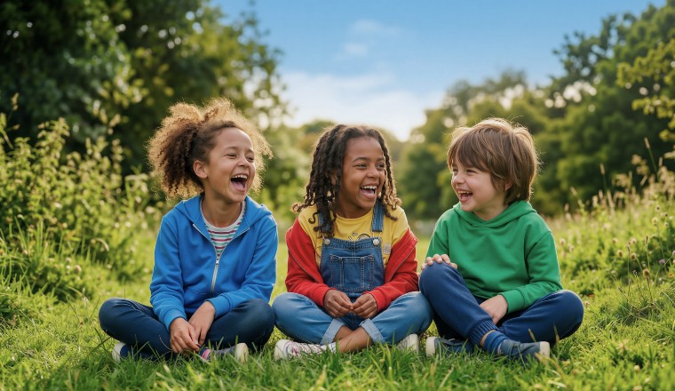 Trois enfants portant des vêtements colorés, assis dans l’herbe riant dans un parc ensoleillé