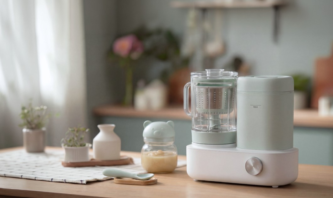 Robot cuiseur pour bébé avec pot bébé dans une cuisine douce et lumineuse