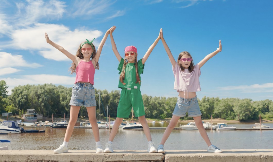 Trois enfants en tenue estivale colorée levant les bras dans une ambiance joyeuse