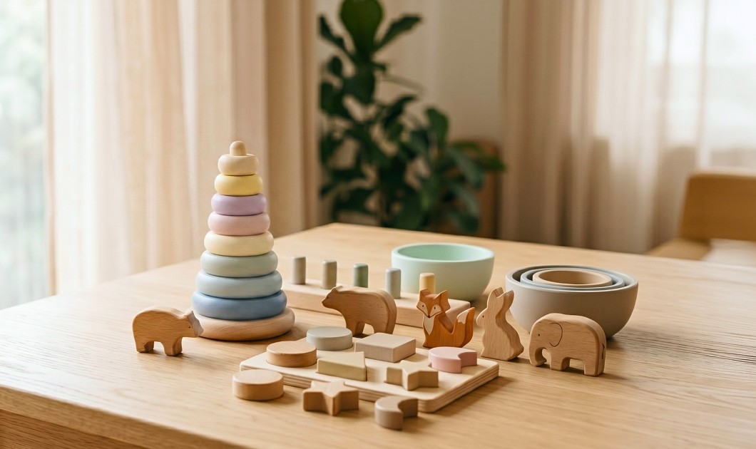 Jeux et jouets en bois pour enfants dans une chambre lumineuse