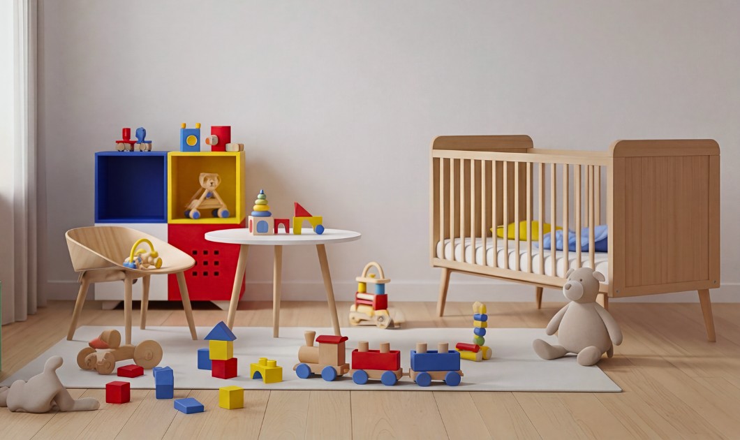 Jouets en bois colorés disposés dans une chambre de bébé avec lit à barreaux