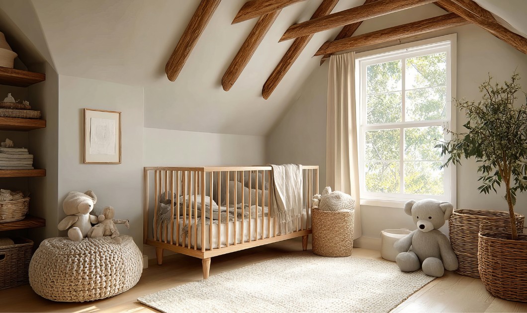 Chambre bébé chaleureuse avec lit en bois et décoration naturelle