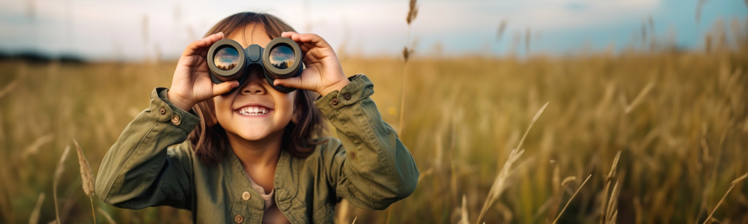Enfant explorant la nature avec des jumelles dans un champ au coucher du soleil