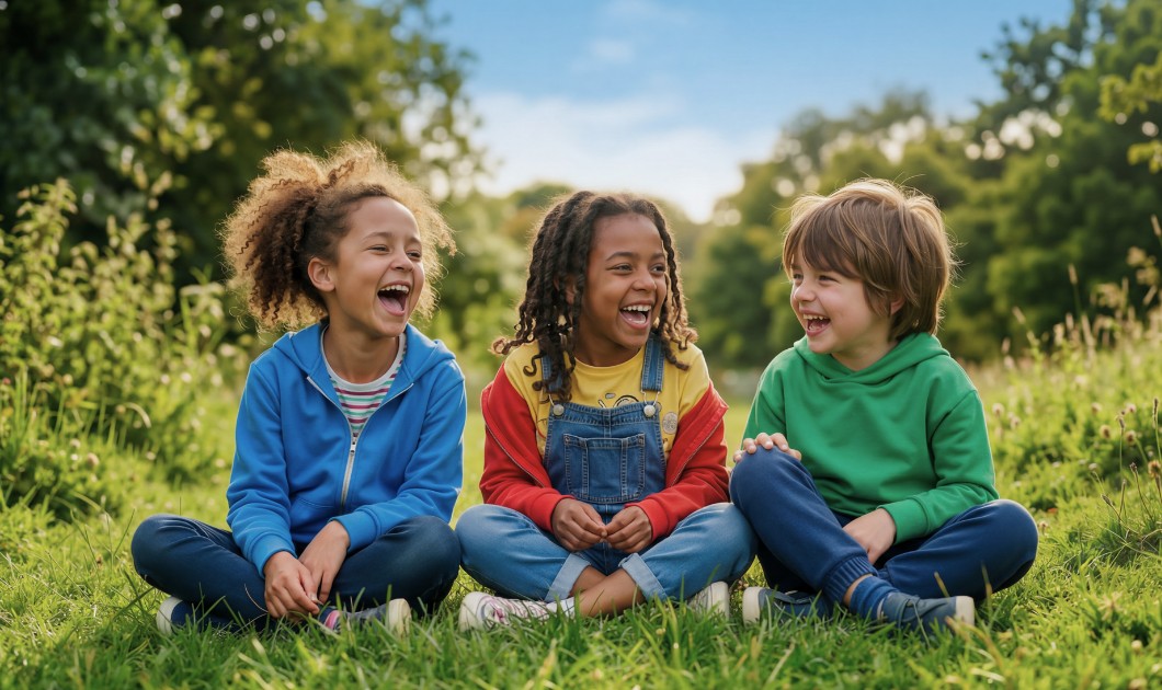 Trois enfants portant des vêtements colorés, assis dans l’herbe riant dans un parc ensoleillé