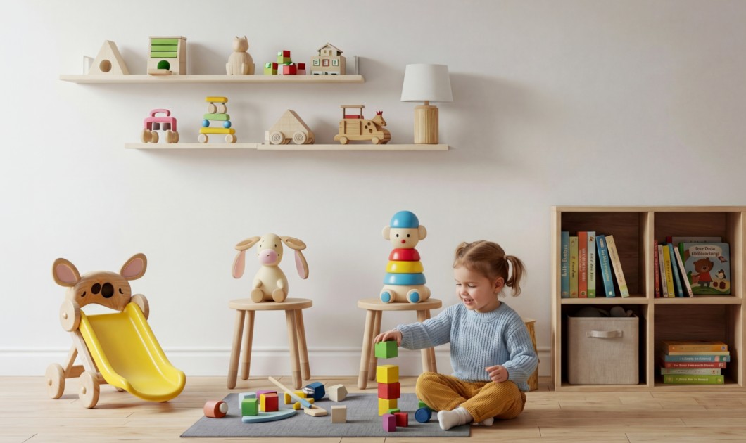 Enfant jouant avec des jouets d'éveil en bois dans une chambre d'enfant