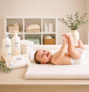 Bébé allongé sur un plan à langer avec des produits d'hygiène et de soin dans une chambre lumineuse et apaisante.