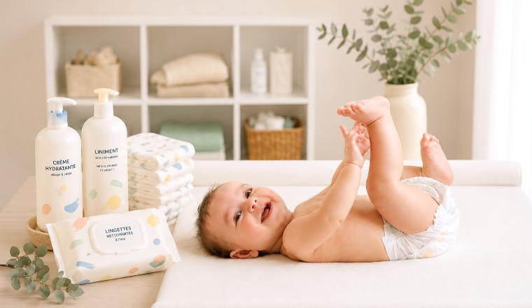 Bébé allongé sur un plan à langer avec des produits d'hygiène et de soin dans une chambre lumineuse et apaisante.