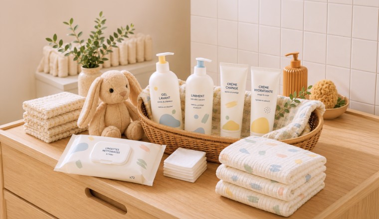 Produits d'hygiène pour bébé présentés dans un panier en osier sur un meuble en bois dans une ambiance douce et naturelle.