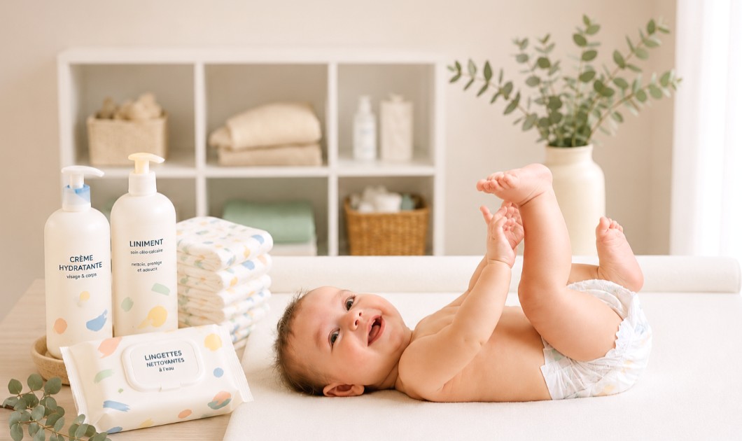 Bébé allongé sur un plan à langer avec des produits d'hygiène et de soin dans une chambre lumineuse et apaisante.