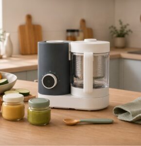 Robot cuiseur pour bébé dans une cuisine lumineuse avec petits pots de purée et légumes frais.
