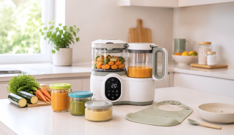 Robot cuiseur pour bébé avec légumes et petits pots de purée dans une cuisine lumineuse