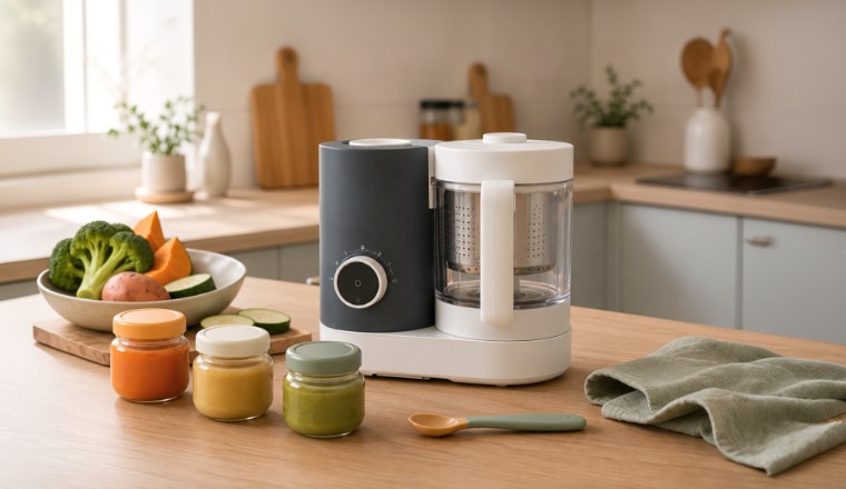 Robot cuiseur pour bébé dans une cuisine lumineuse avec petits pots de purée et légumes frais.