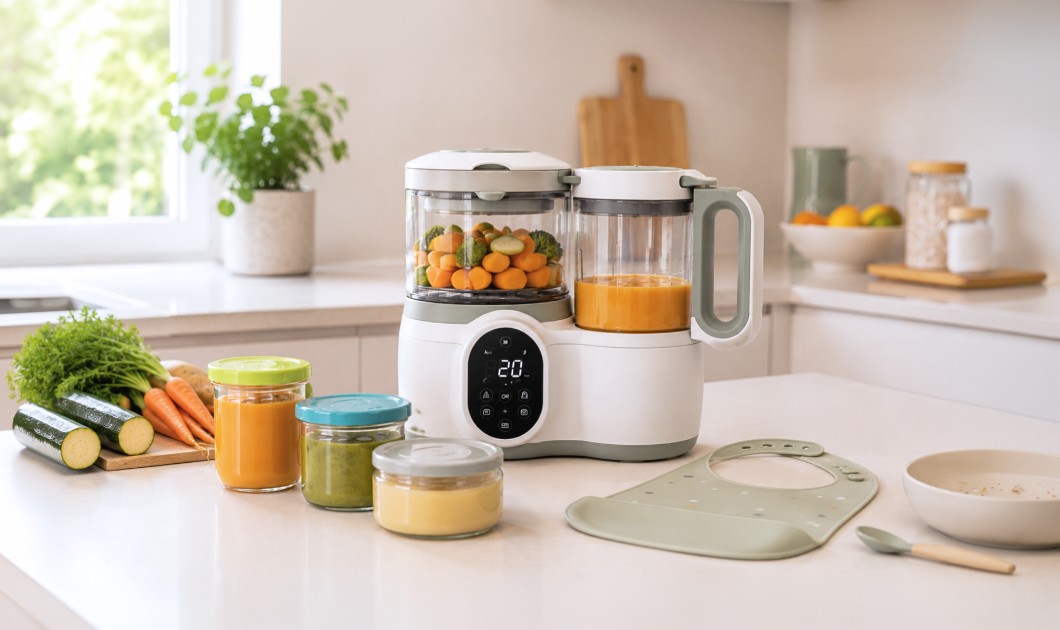 Robot cuiseur pour bébé avec légumes et petits pots de purée dans une cuisine lumineuse