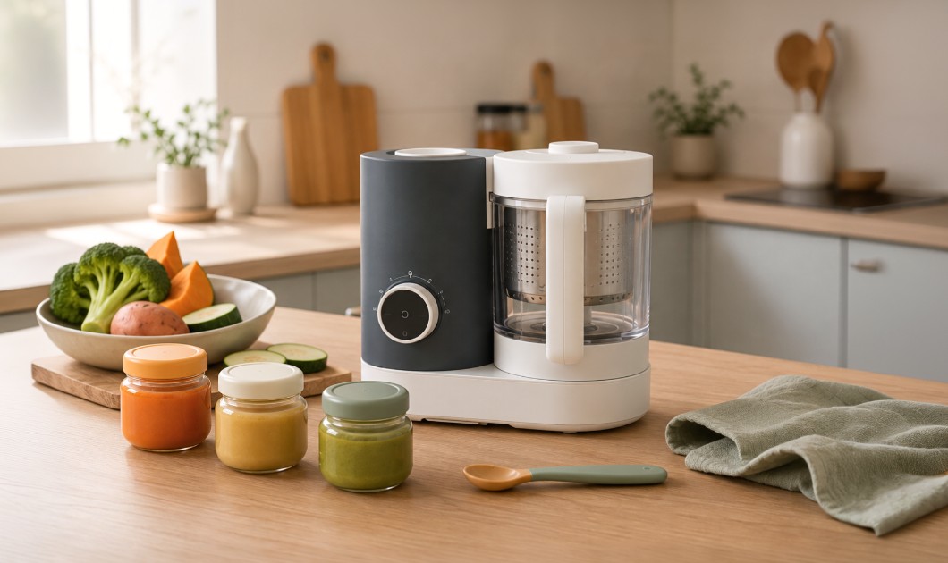 Robot cuiseur pour bébé dans une cuisine lumineuse avec petits pots de purée et légumes frais.