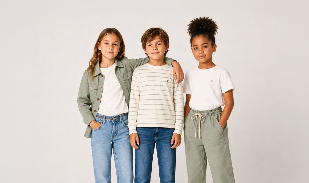Trois enfants portant des vêtements décontractés posent dans un studio au fond clair