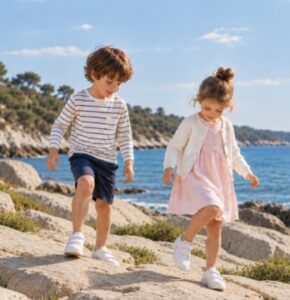 Deux enfants en tenues de mi-saison marchant sur des rochers au bord de la mer