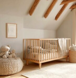 Chambre de bébé lumineuse sous les combles avec lit en bois clair, matières naturelles et peluches