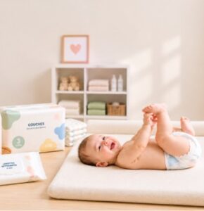 Bébé allongé sur un matelas à langer avec couches, liniment, crème hydratante et lingettes