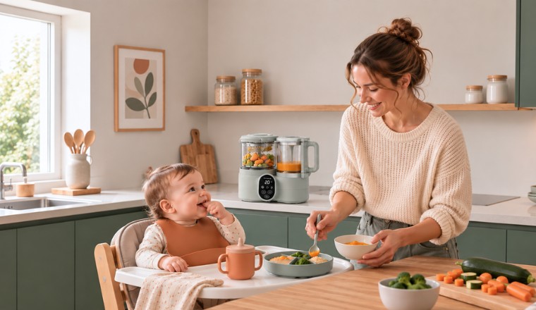 Maman préparant le repas de son bébé dans sa chaise haute, avec un robot cuiseur et des accessoires de diversification alimentaire