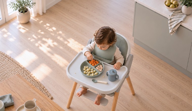 Bébé prenant son repas dans une chaise haute avec une assiette compartimentée et un gobelet, dans une cuisine lumineuse