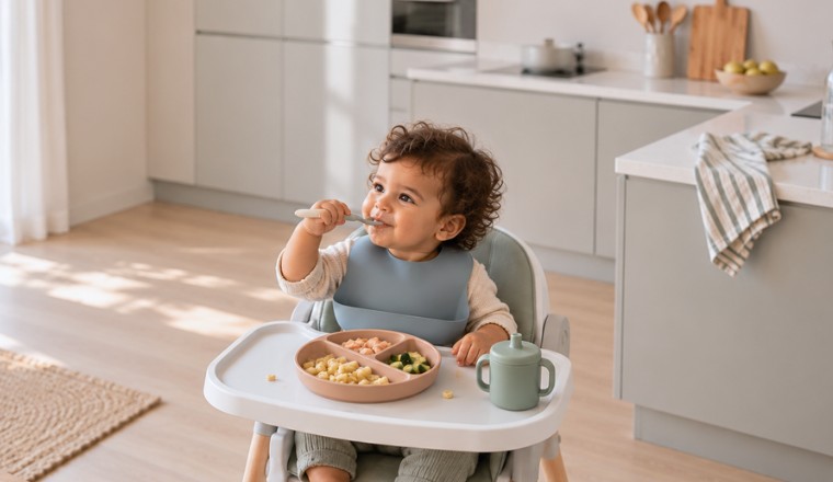 Bébé mangeant seul avec une cuillère dans sa chaise haute, avec une assiette compartimentée et un gobelet dans une cuisine lumineuse