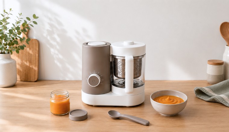 Robot cuiseur pour bébé taupe et blanc avec petit pot, bol de purée et cuillère sur un plan de travail en bois clair
