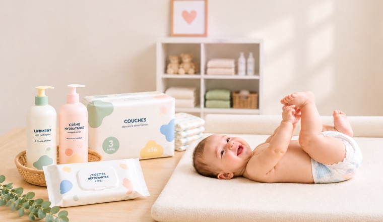 Bébé allongé sur un matelas à langer avec couches, liniment, crème hydratante et lingettes