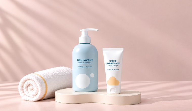 Gel lavant et crème hydratante pour bébé sur socle crème et fond rose poudré