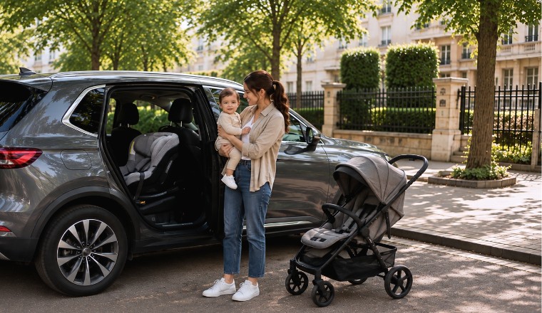 Maman tenant son bébé près d’une voiture équipée d’un siège auto et d’une poussette