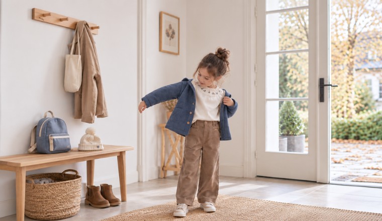 Petite fille mettant sa veste dans une entrée familiale lumineuse avant de sortir