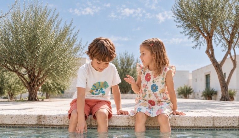 Deux enfants assis au bord d’une piscine, les pieds dans l’eau, dans un décor lumineux aux oliviers.