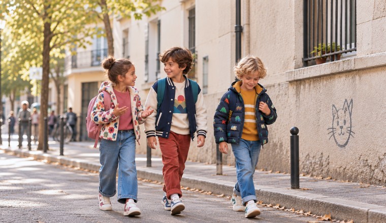 Trois enfants marchant ensemble dans une rue en tenues colorées de rentrée et d’automne