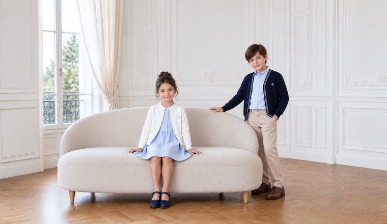 Fille assise sur un canapé et garçon debout dans un appartement haussmannien lumineux portant des vêtements élégants pour enfant