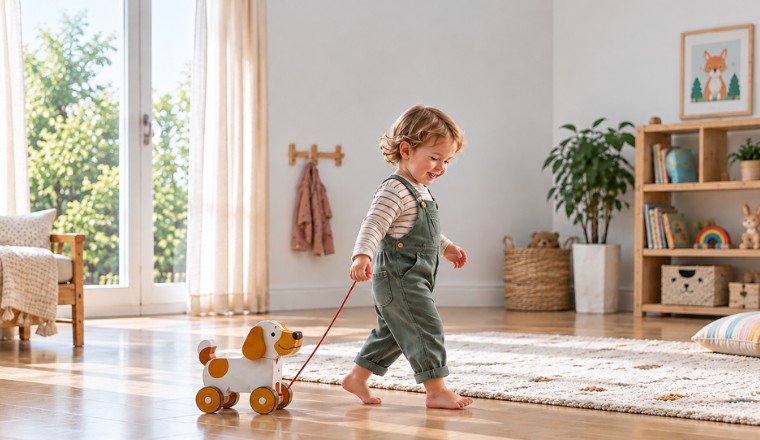 Enfant marchant dans une chambre avec un chien à tirer en bois