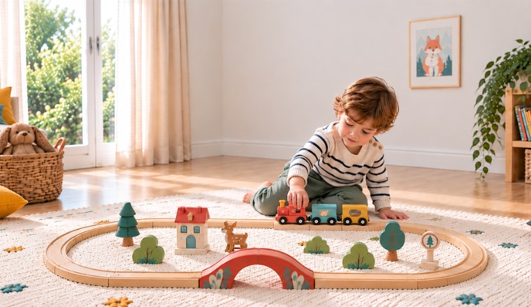 Enfant jouant avec un train en bois sur un circuit dans sa chambre