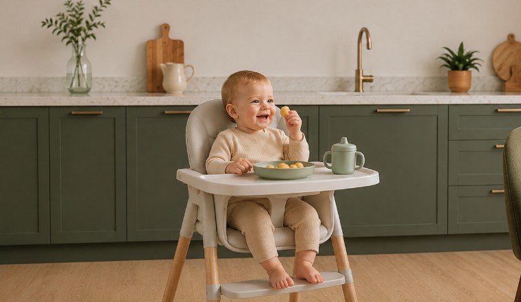Bébé assis dans une chaise haute prenant son repas dans une cuisine aux meubles vert foncé